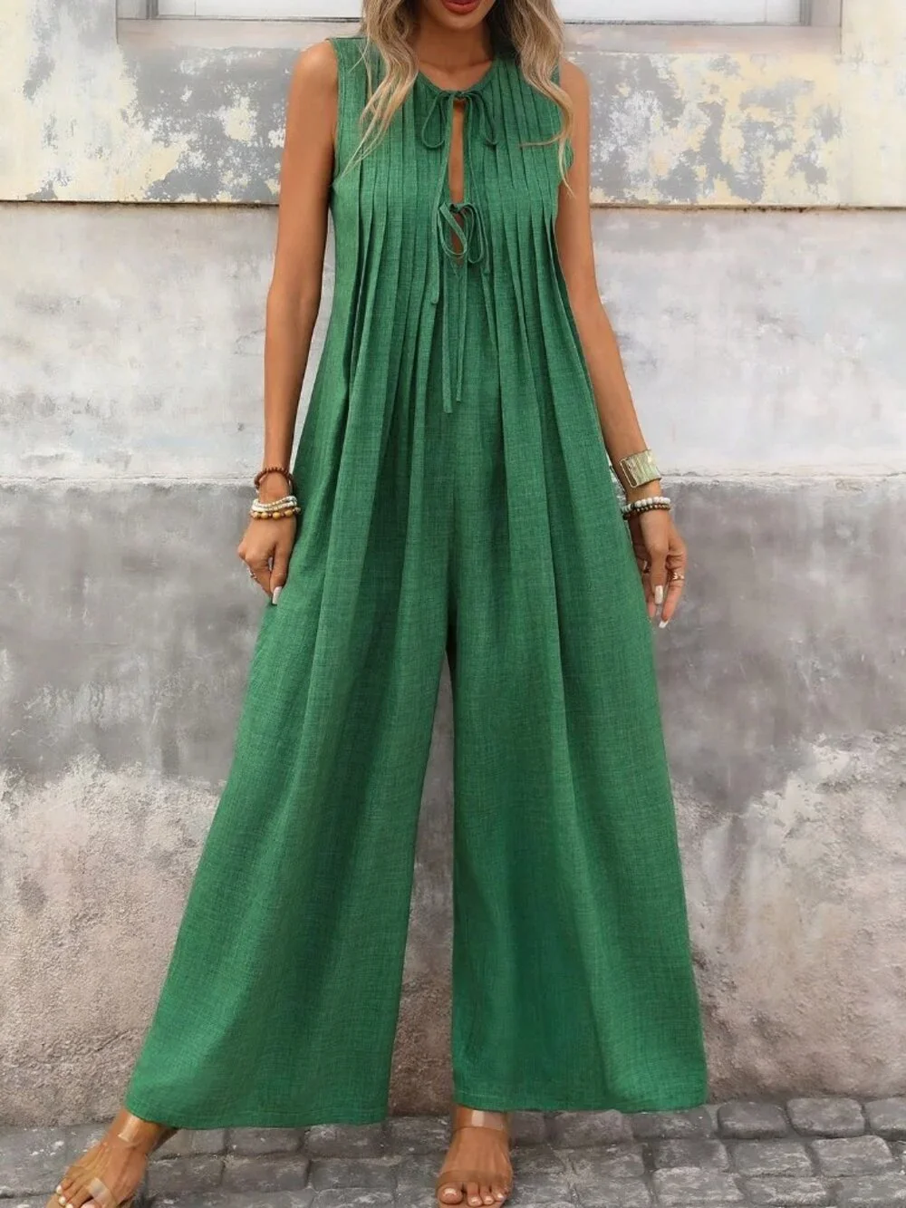 Green Casual Women's Vacation Jumpsuit with Front Tie